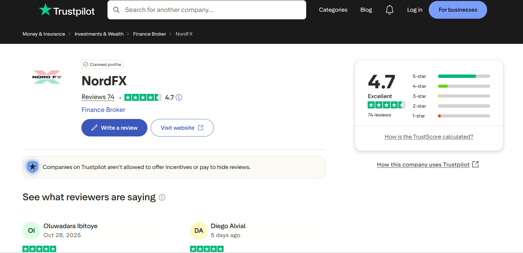 Trustpilot NordFX review